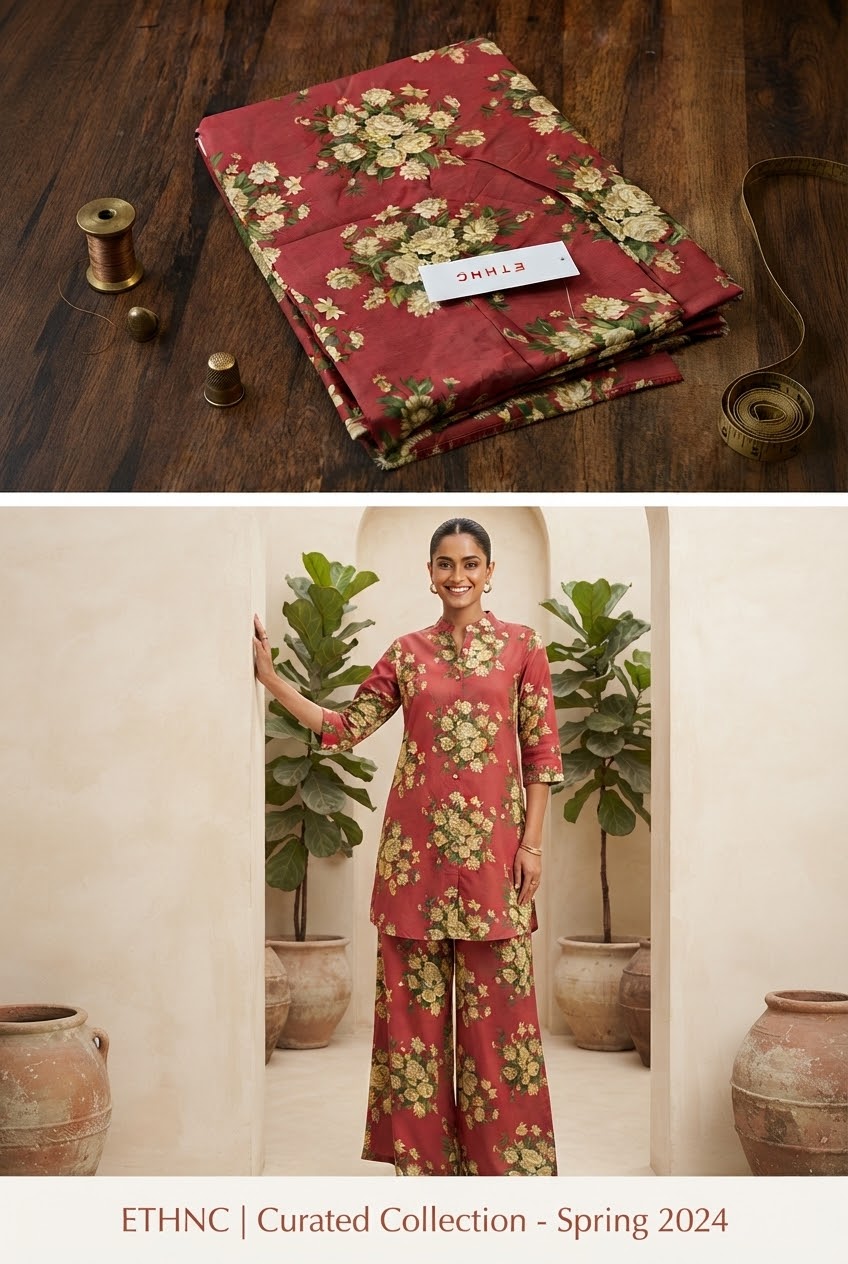 Ethnic printed viscose raw silk shirt fabric