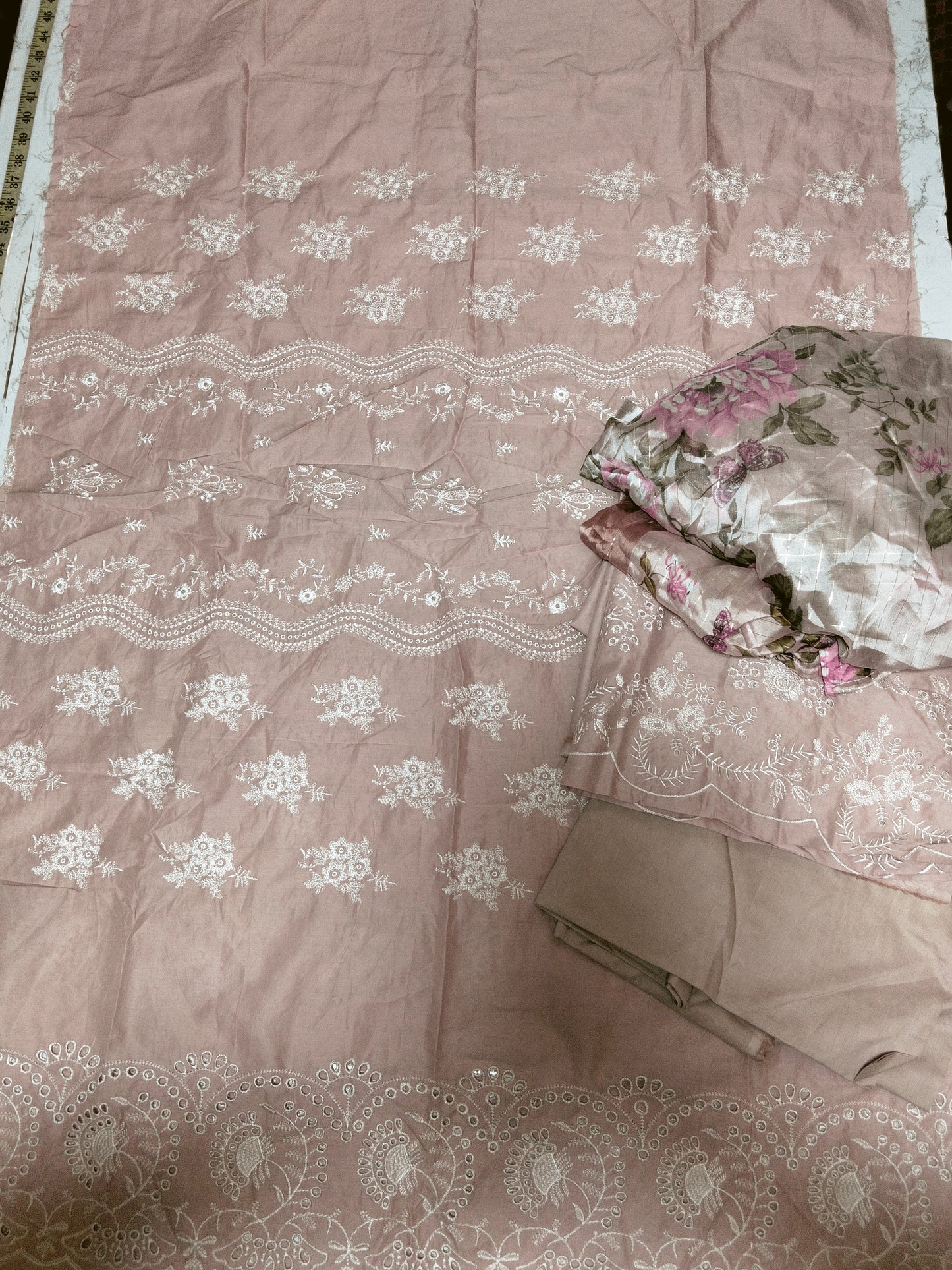 Sale lawn embroided shirt+dyed trouser+printed silk duppta (Complete 3pc)