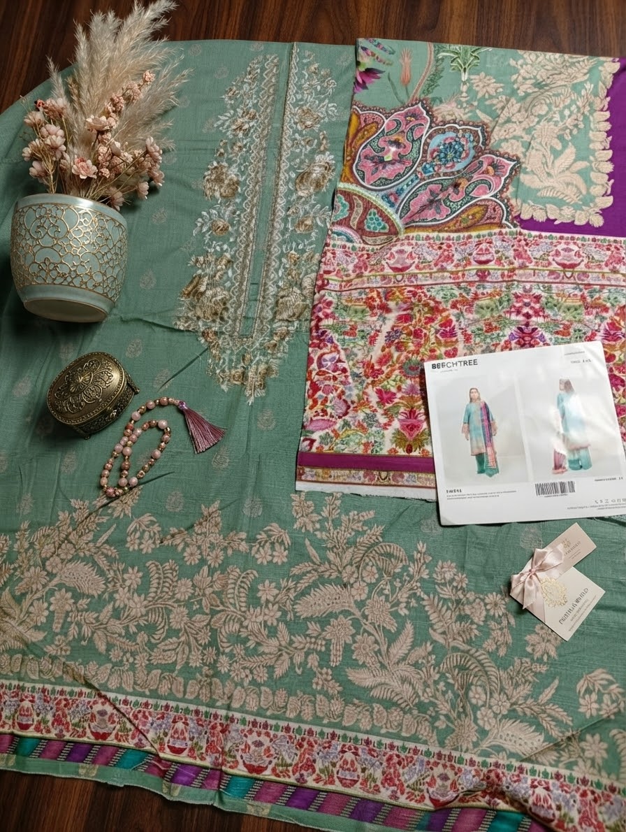 Beechtree embroided khadar 2pc shirt and dupatta