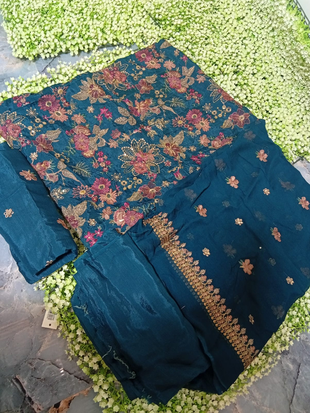 Sale embroided Raw silk shirt and plain trouser with embroided chiffon dupatta complete 3pc