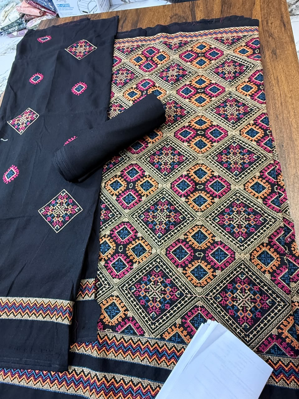 Black Luxury embroided karandi 3pc with heavy embroided shawl light embroided shirt plain trouser