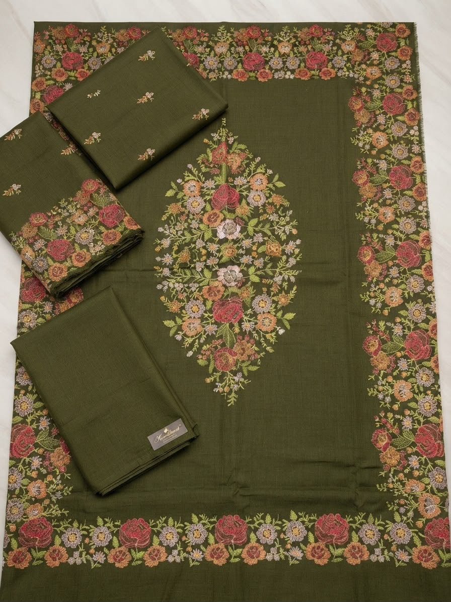 Luxury embroided karandi 3pc with heavy embroided shawl light embroided shirt plain trouser