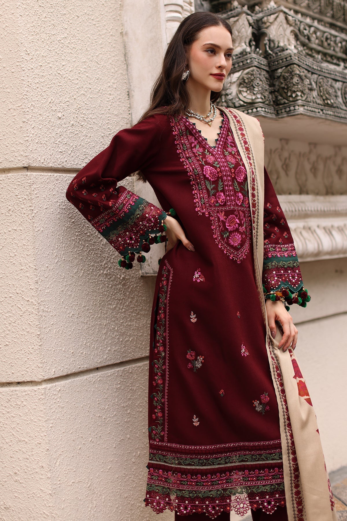 Charizma (poshima) unstitched 3Pc embroidered peach leather with printed pashmina shawl