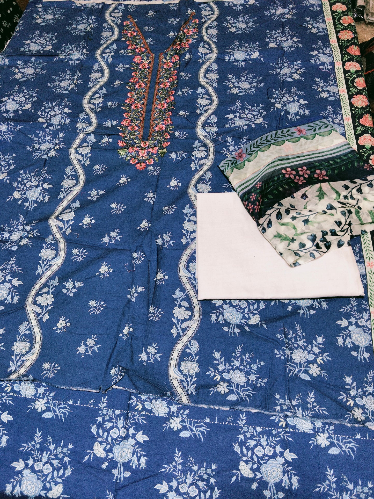 Ethnic lawn 3Pc embroided shirt with plain trouser and printed chiffon dupatta