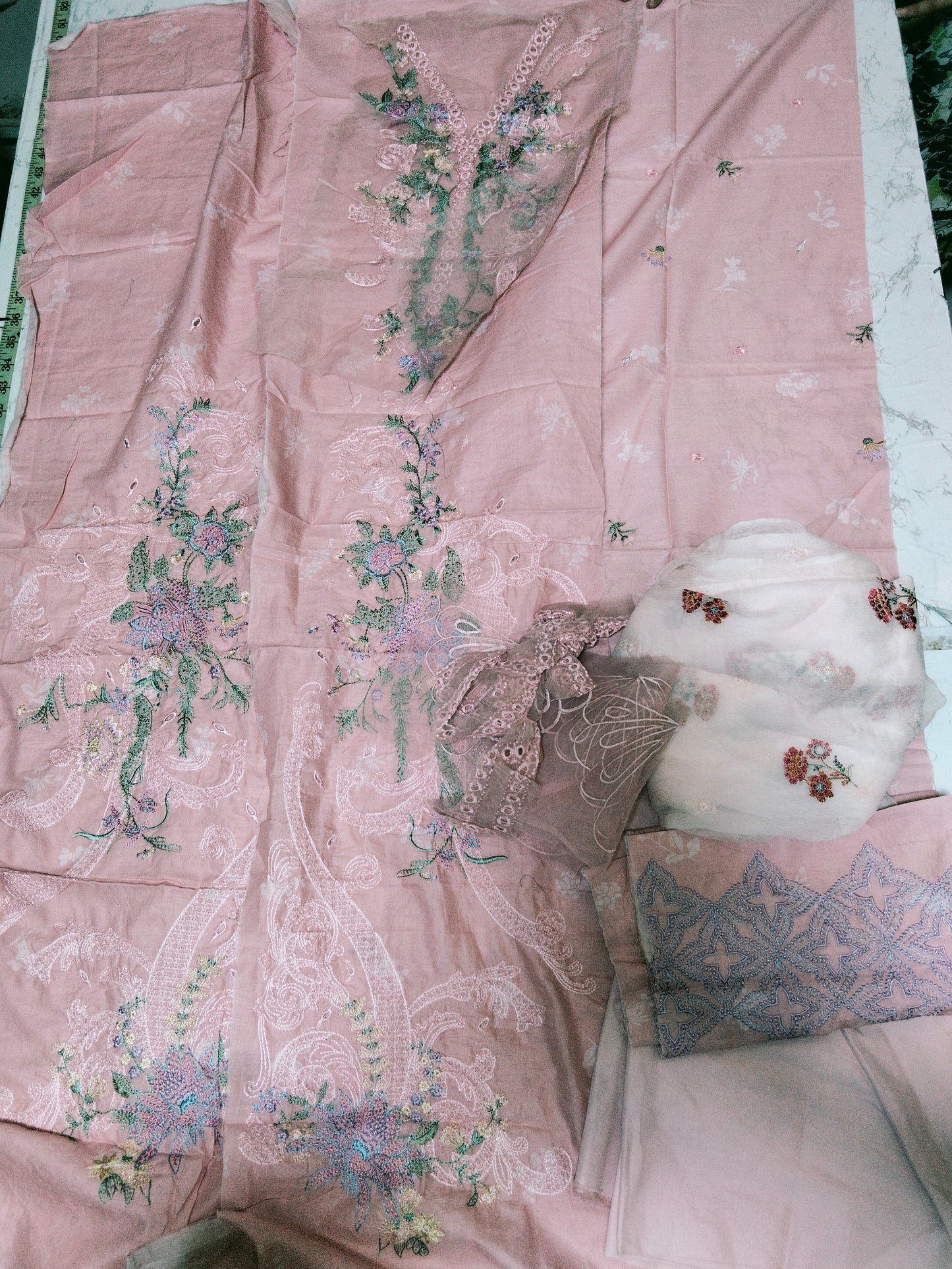 Sale Mushq embroided lawn 2pc with plain trouser and embroided patches + breeze embroided pure chiffon dupatta