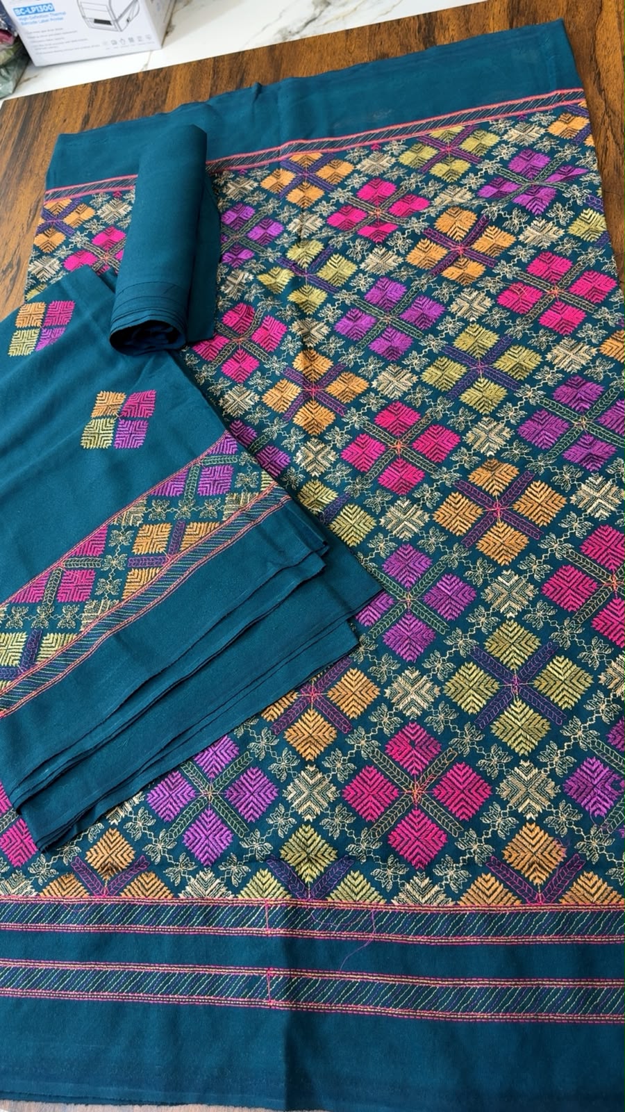 Luxury embroided karandi 3pc with heavy embroided shawl light embroided shirt plain trouser