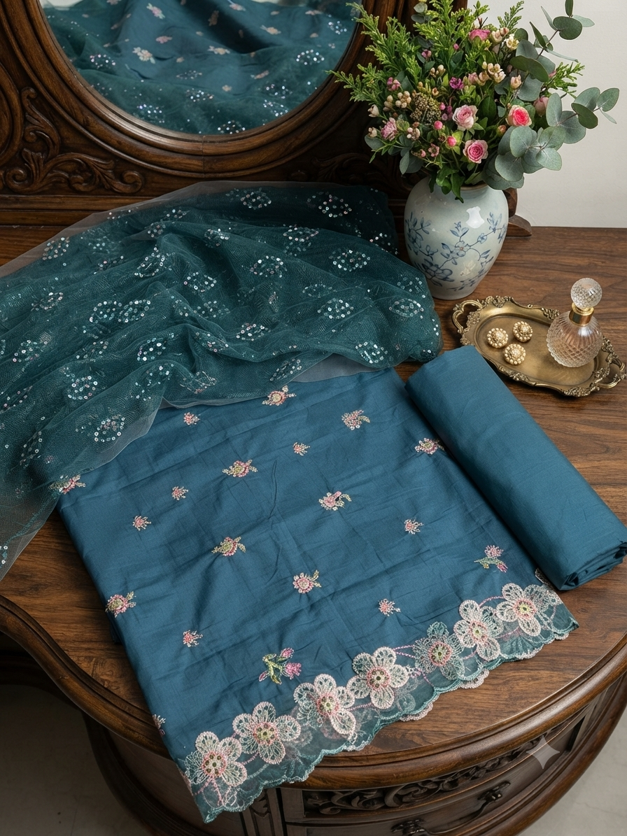 Batik embroided lawn 3pc with plain trouser and embroided net fabric dupatta with embroided patches
