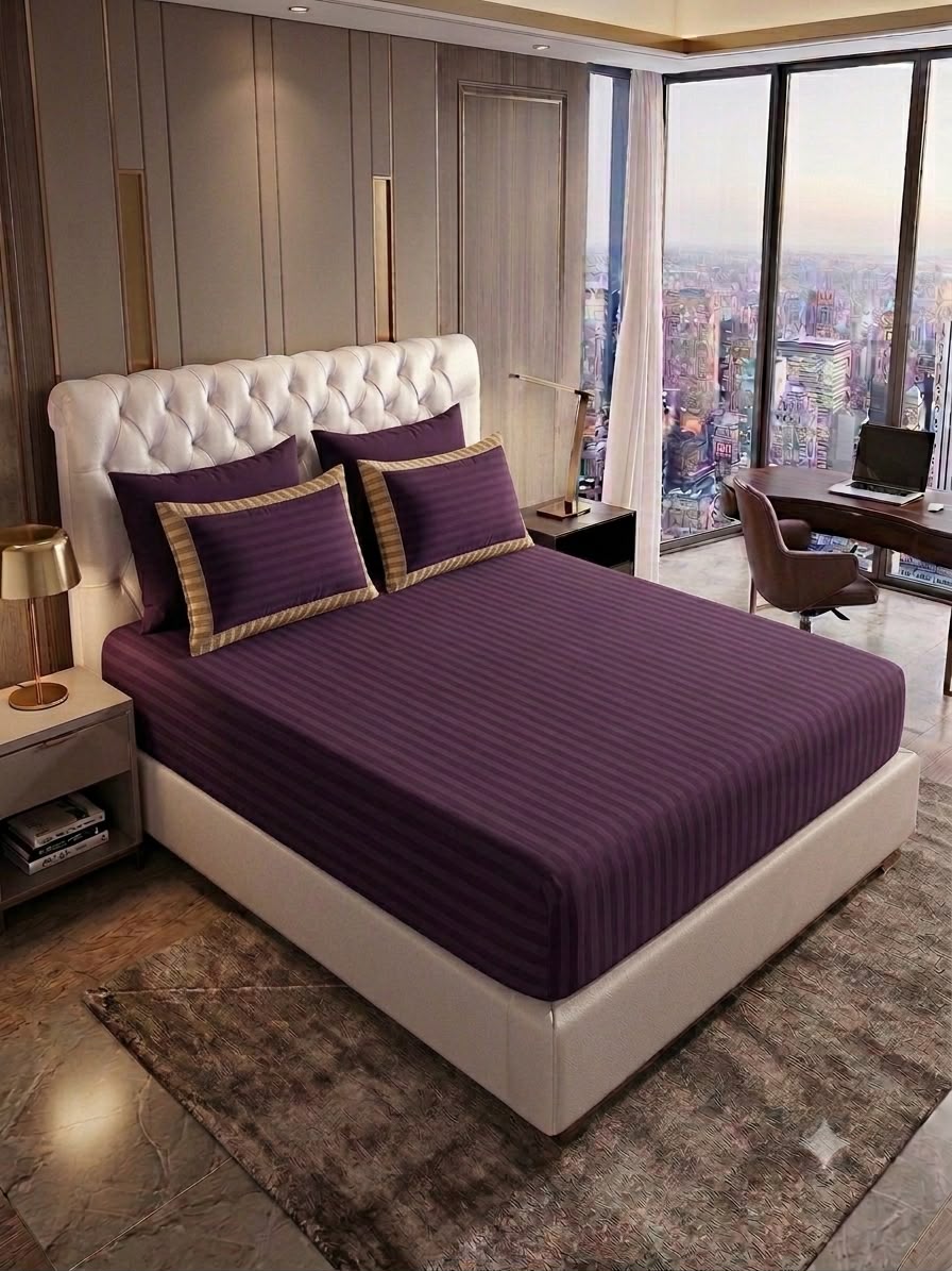 Purple Fitted bed sheet & 2 pillow covers leather embosed cotton satin stuff
king size