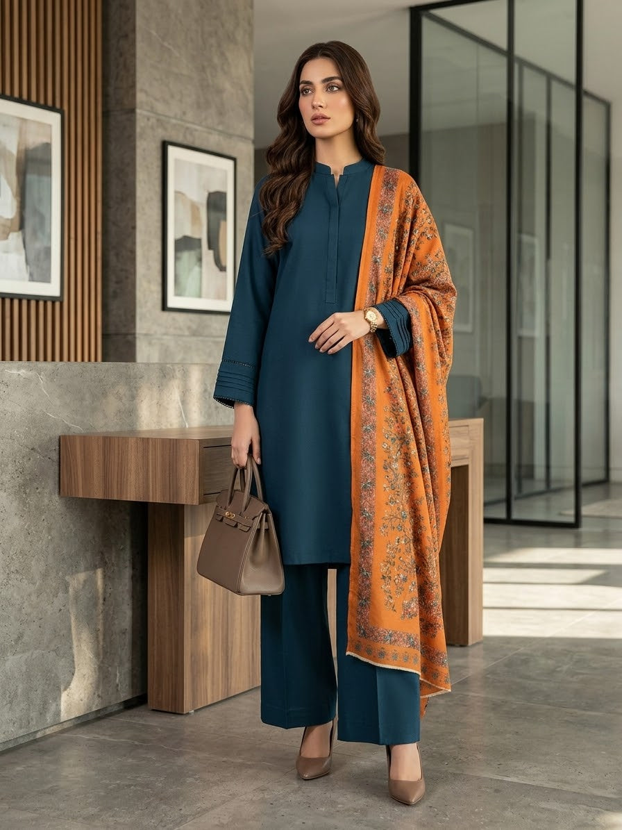 Hussain Rehar 3pc plain karandi shirt and trouser with printed wool shawl winter unstitch