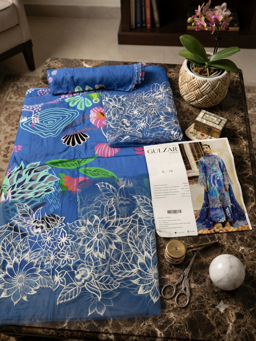 Sale mahnur printed linen 3pc with printed trouser and embroided chiffon dupatta with embroided patches