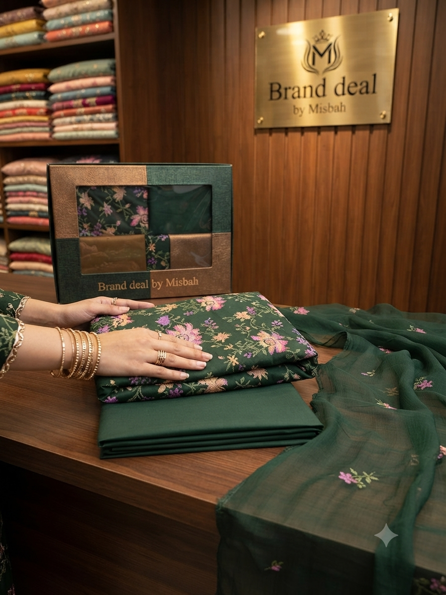 Luxury Karandi embroided 3pc with embroided chiffon duppata plain karandi trouser