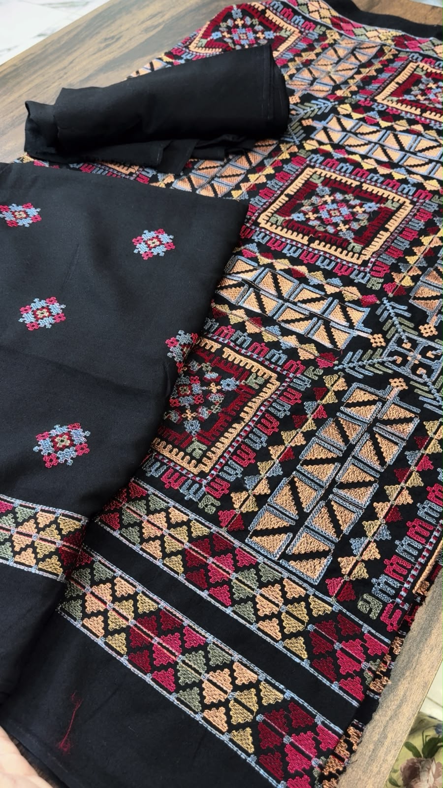 Luxury embroided karandi 3pc with heavy embroided shawl light embroided shirt plain trouser