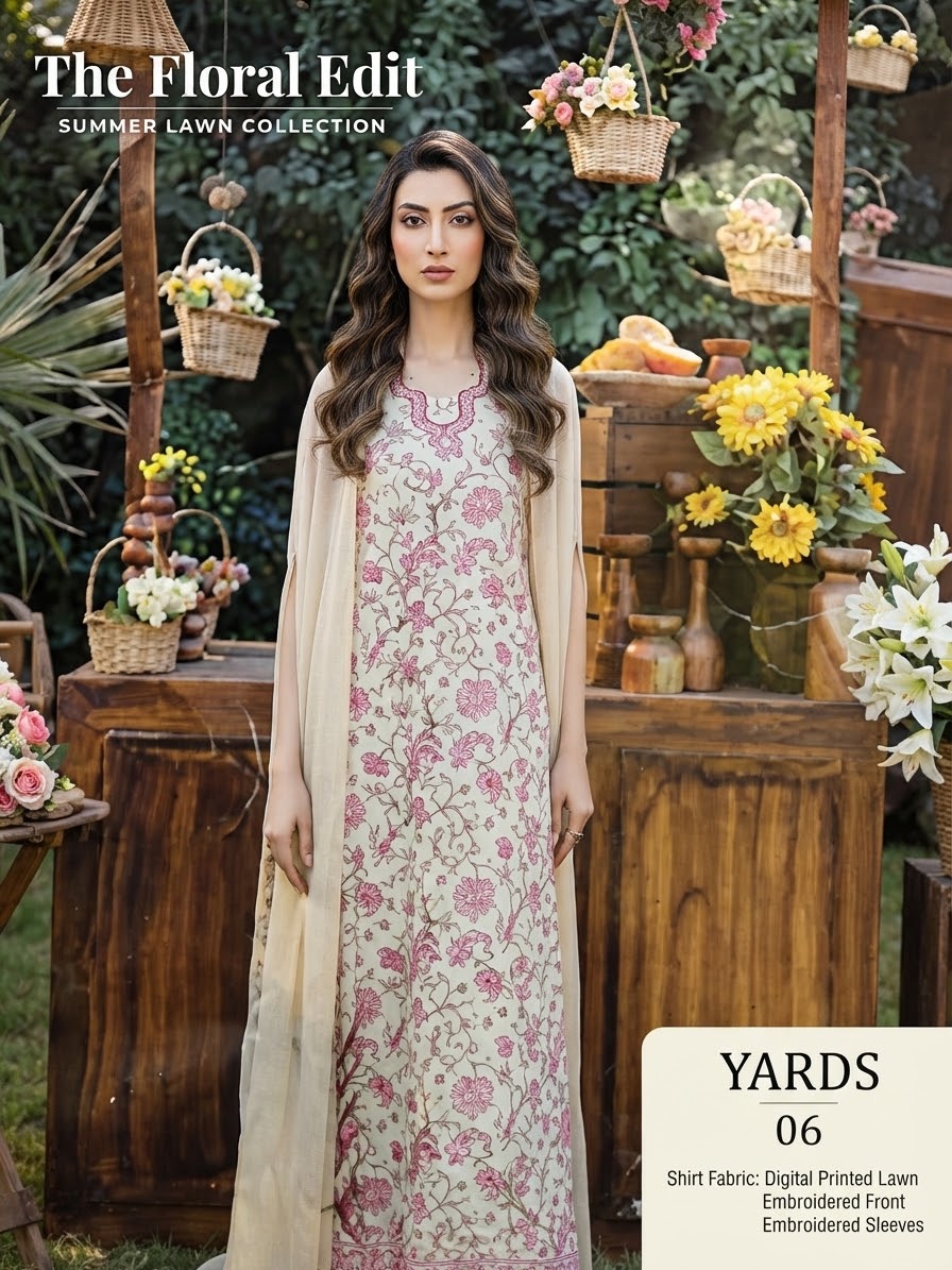 Sale yards embroided lawn 3pc with plain trouser and printed chiffon dupatta unstitched