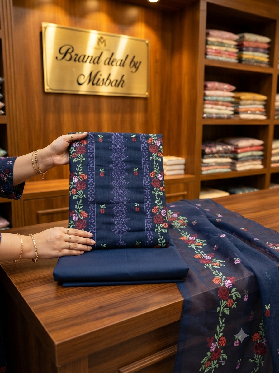 Luxury Karandi embroided 3pc with embroided chiffon duppata plain karandi trouser