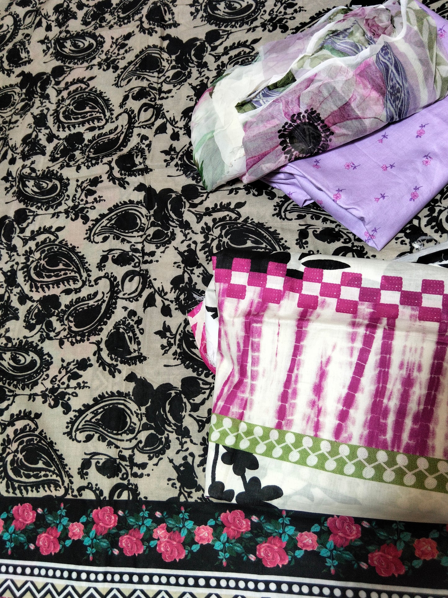 Sale 2 printed lawn shirt+printed lawn dupatta+printed pure chiffon dupatta