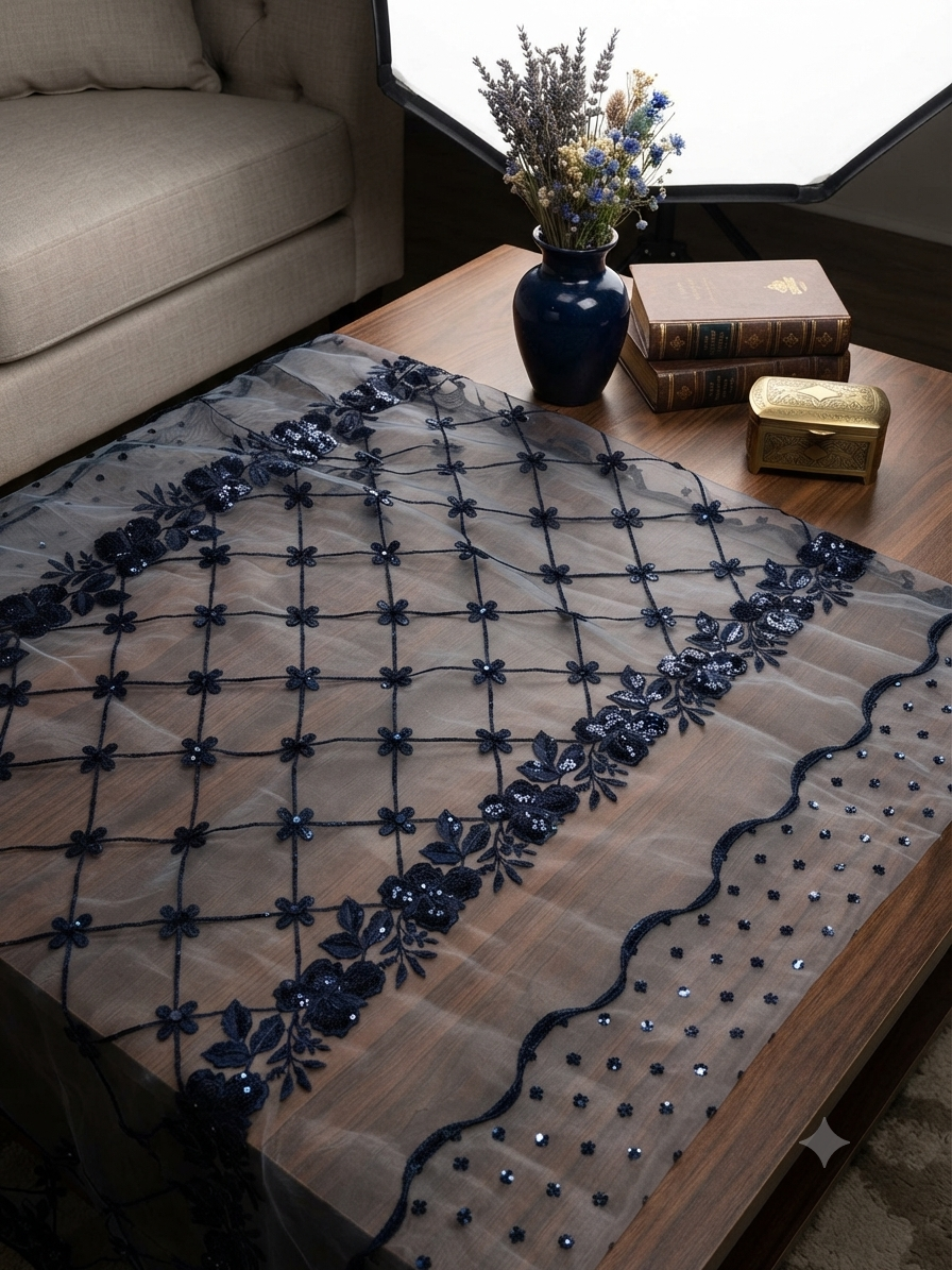 Sale Nureh embroided organza fabric dupatta (navy blue)