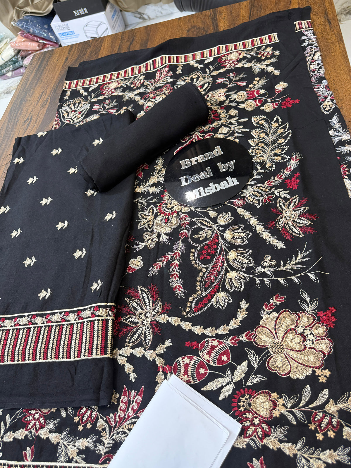 Black Luxury embroided karandi 3pc with heavy embroided shawl light embroided shirt plain trouser