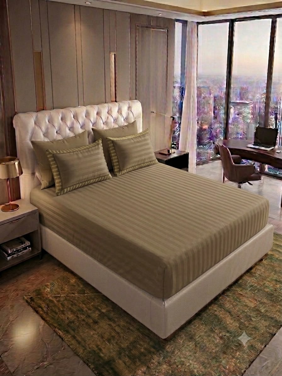 Brown Fitted bed sheet & 2 pillow covers leather embosed cotton satin stuff
king size