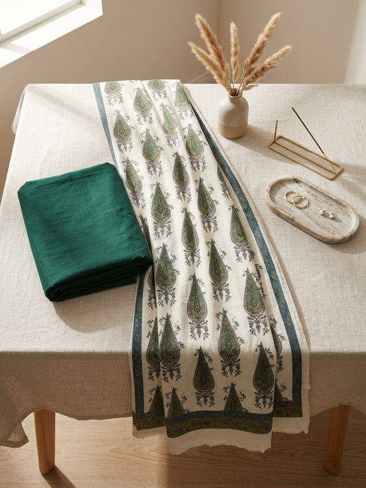 Hussain rehar 3pc plain khadar shirt and trouser with printed wool shawl