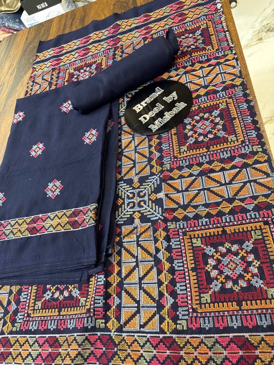 Navy blue Luxury embroided karandi 3pc with heavy embroided shawl light embroided shirt plain trouser