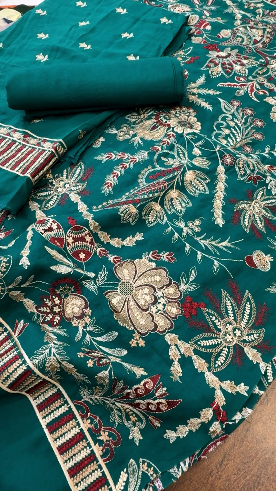 Peacock green Luxury embroided karandi 3pc with heavy embroided shawl light embroided shirt plain trouser