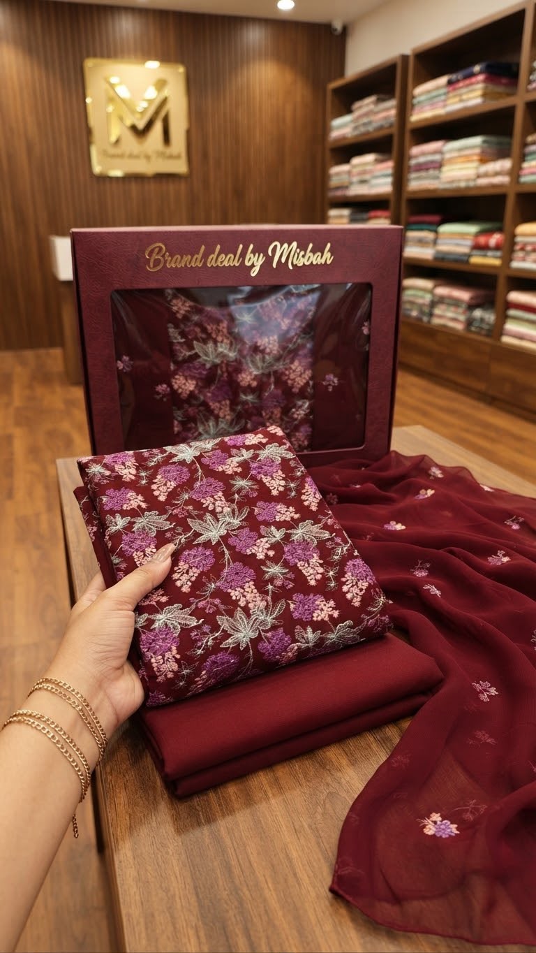 Luxury Karandi embroided 3pc with embroided chiffon duppata plain karandi trouser