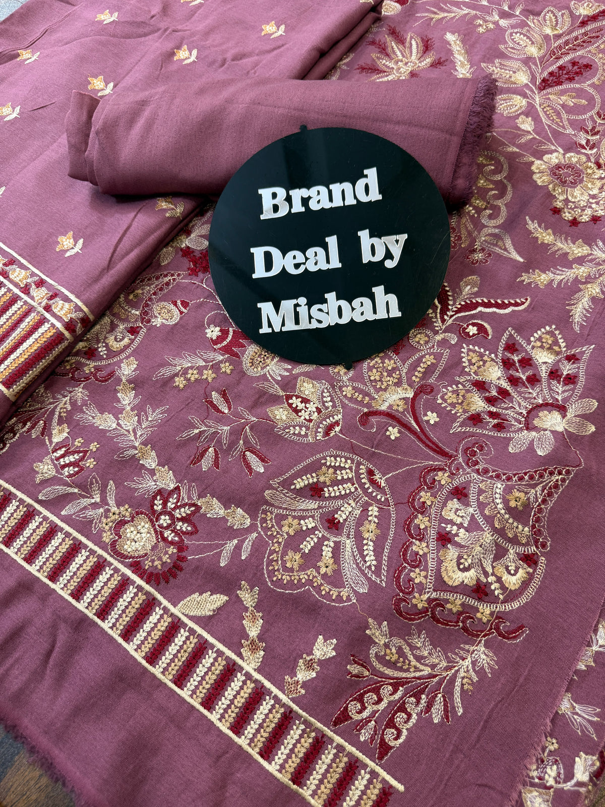 Luxury embroided karandi 3pc with heavy embroided shawl light embroided shirt plain trouser