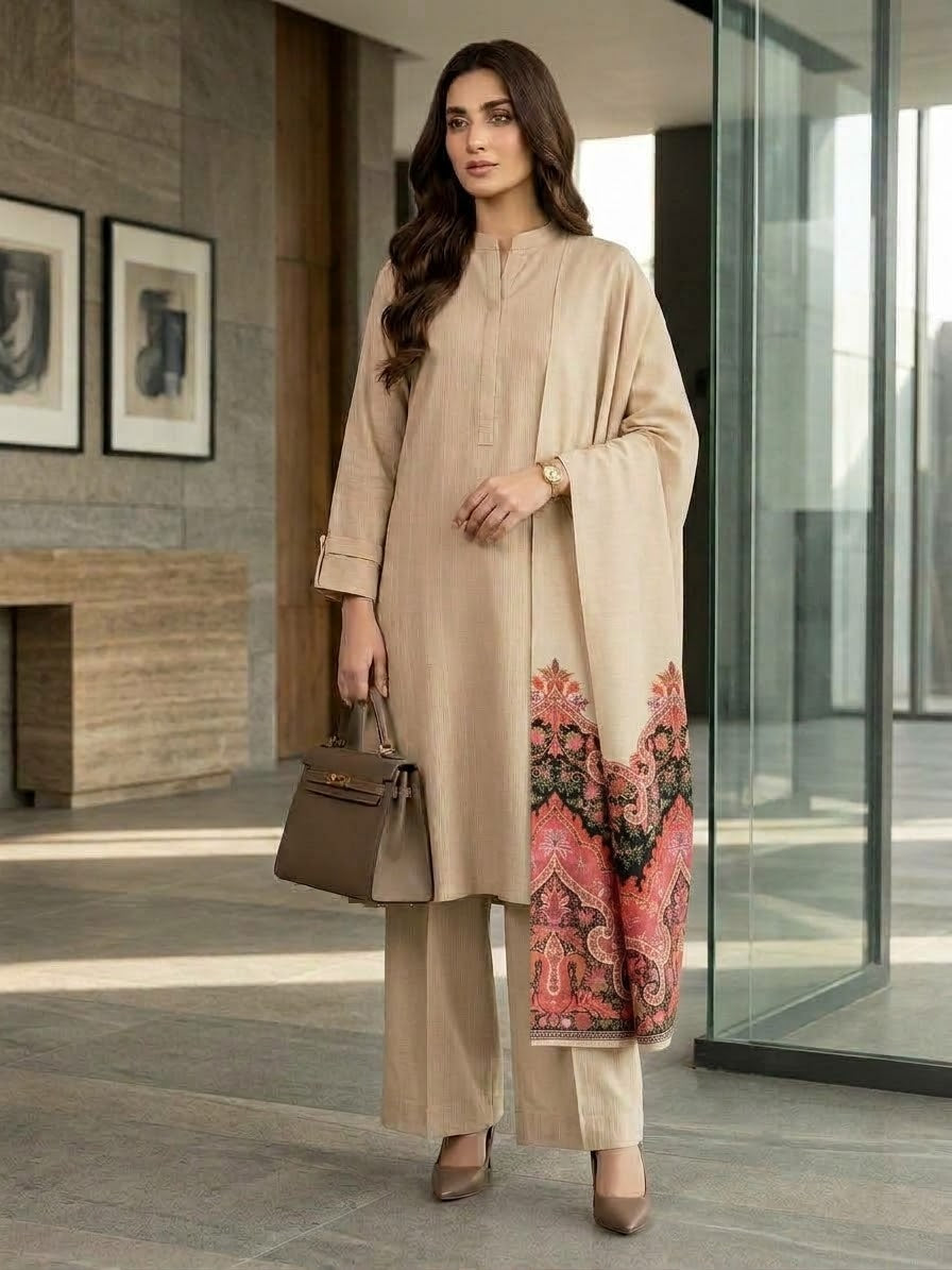 Hussain rehar 3pc plain khadar shirt and trouser with printed wool shawl