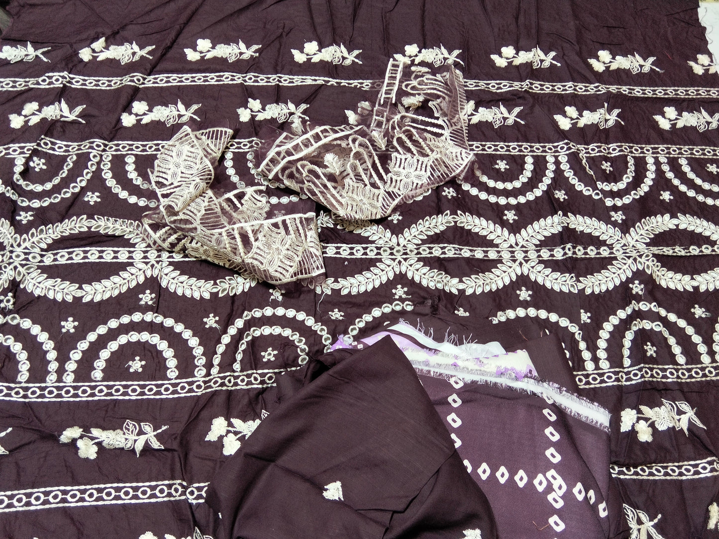 Sale embroided linen shirt embroided border printed silk wool shawl with dyed trouser (Complete 3pc)