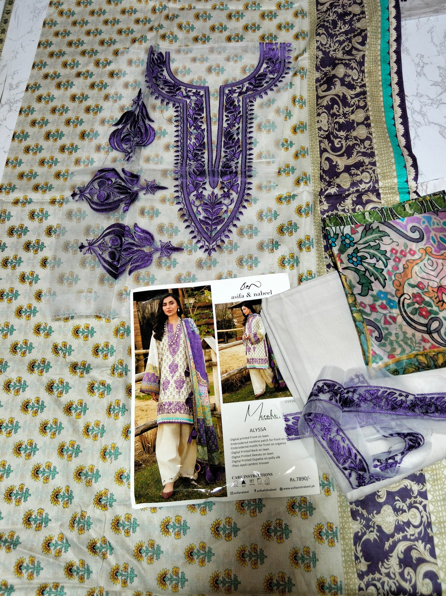 Sale Asifa & Nabeel Printed Lawn 3pc with Embroidered Patches and Polly Silk dupatta