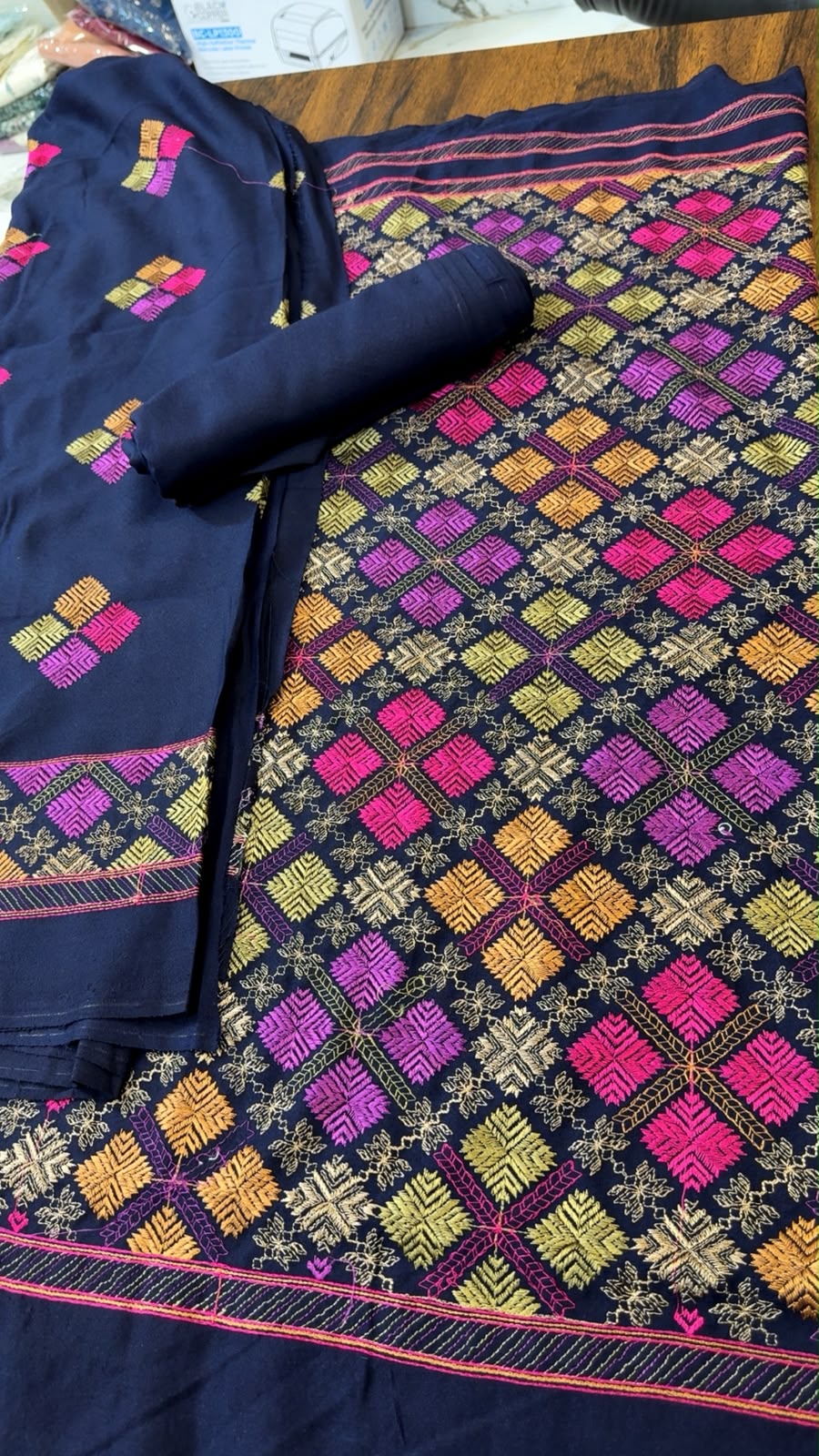 Navy blue Luxury embroided karandi 3pc with heavy embroided shawl light embroided shirt plain trouser