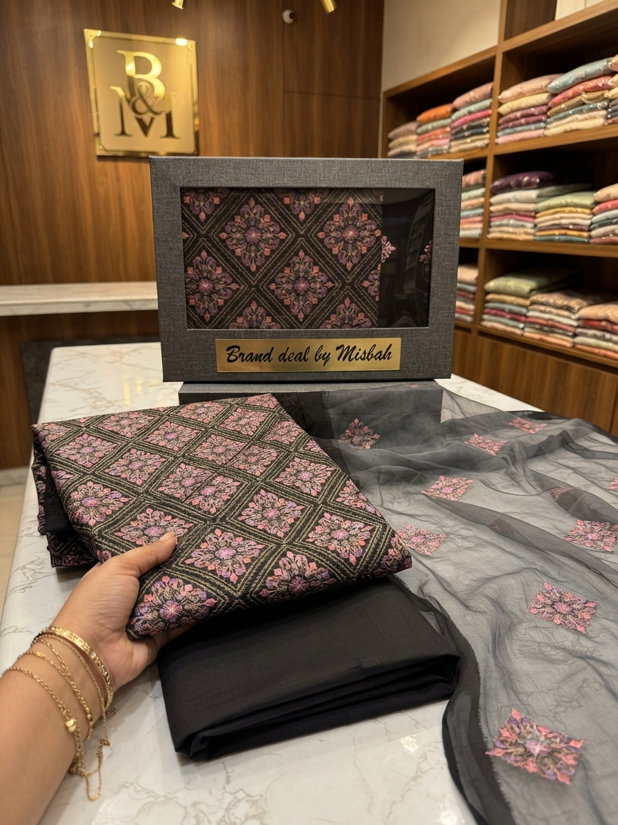 Luxury Karandi embroided 3pc with embroided chiffon duppata plain karandi trouser