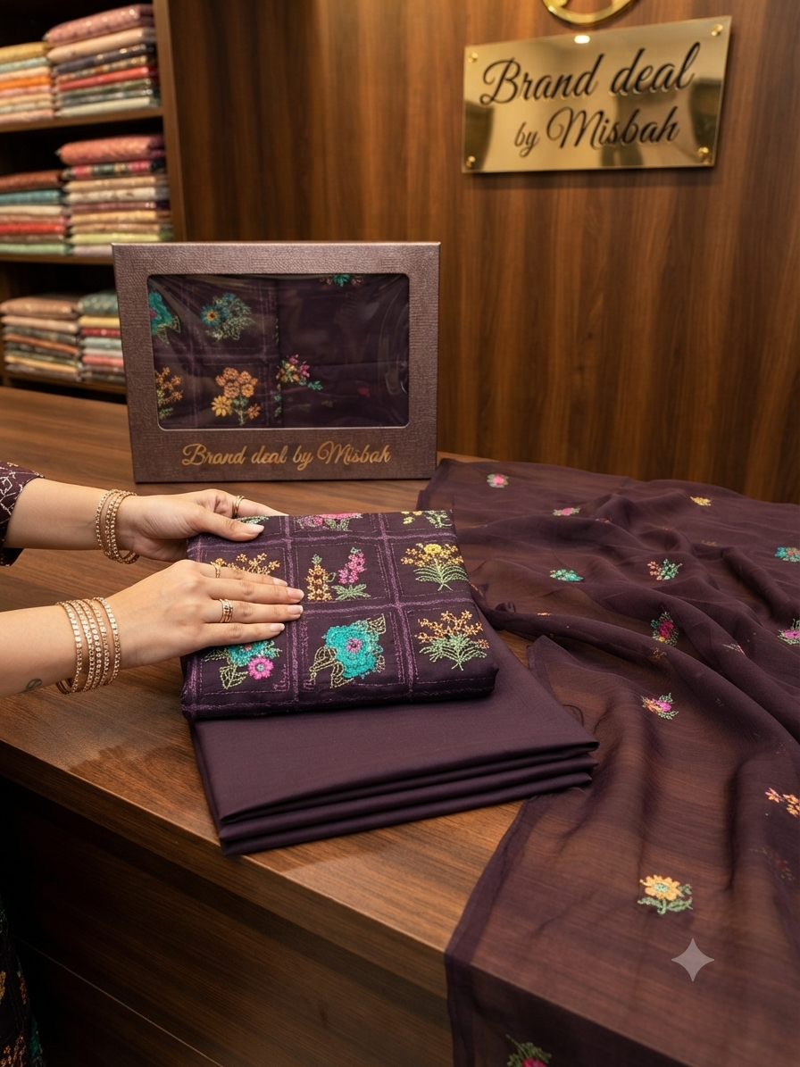 Luxury Karandi embroided 3pc with embroided chiffon duppata plain karandi trouser