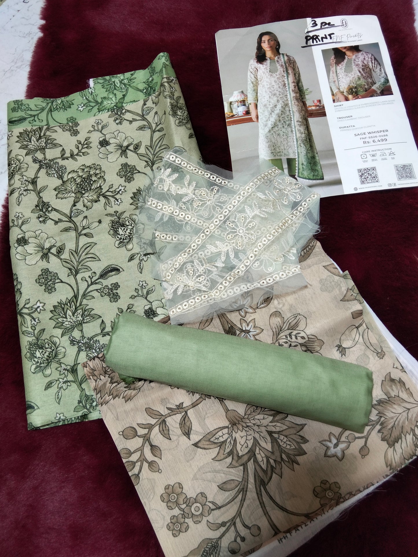Sale Faiza Faisal printed lawn 3pc plain trouser and printed chiffon dupatta