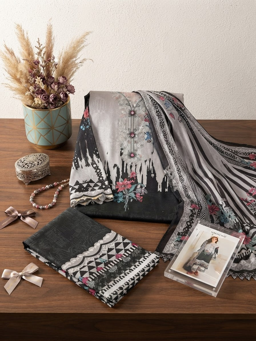 Mushq Roheenaz Black Petals embroided 3pc with pure chiffon embroided duppata