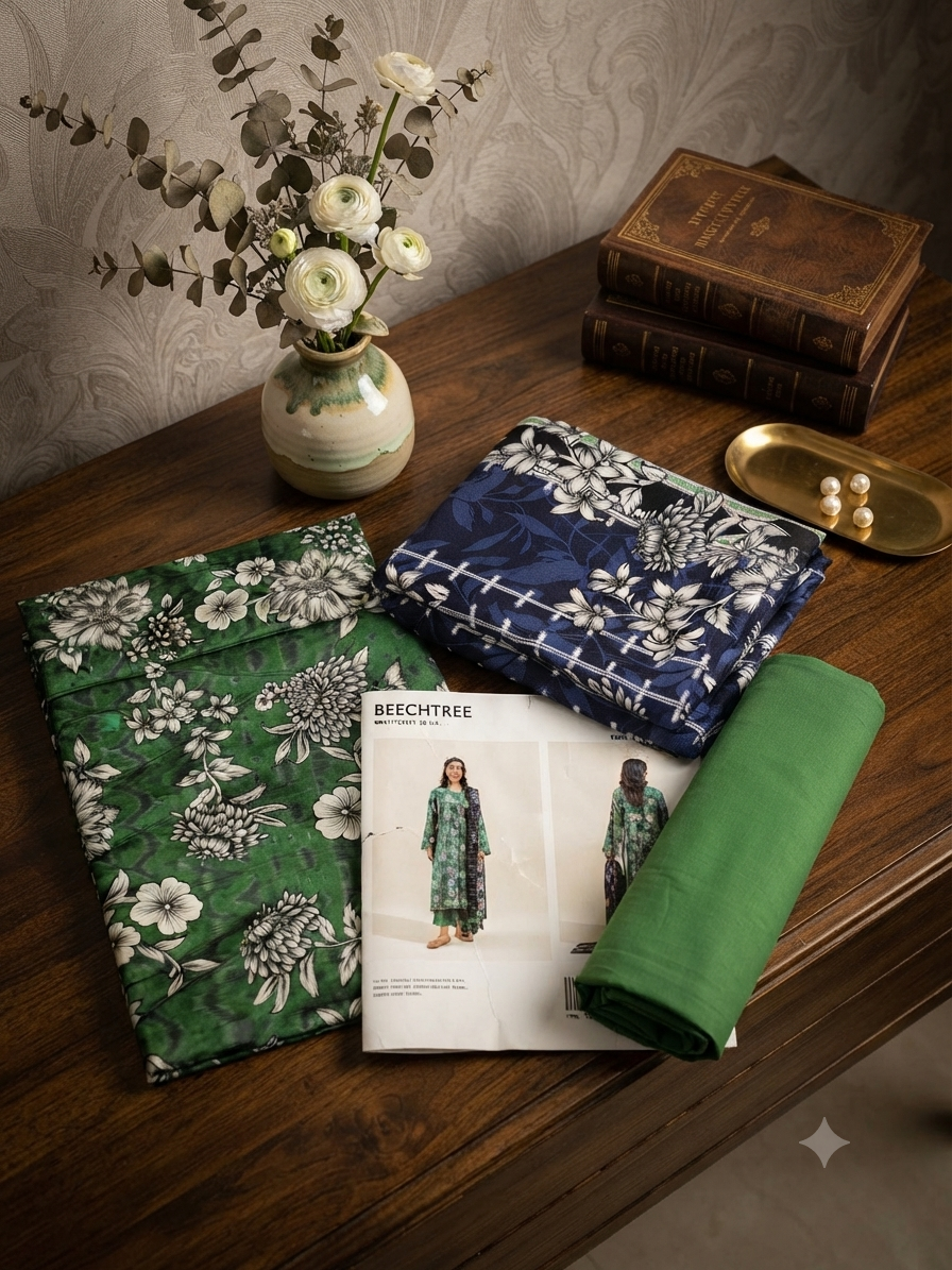 Sale beech tree printed cotton satin 3pc with plain trouser and printed wool shawl