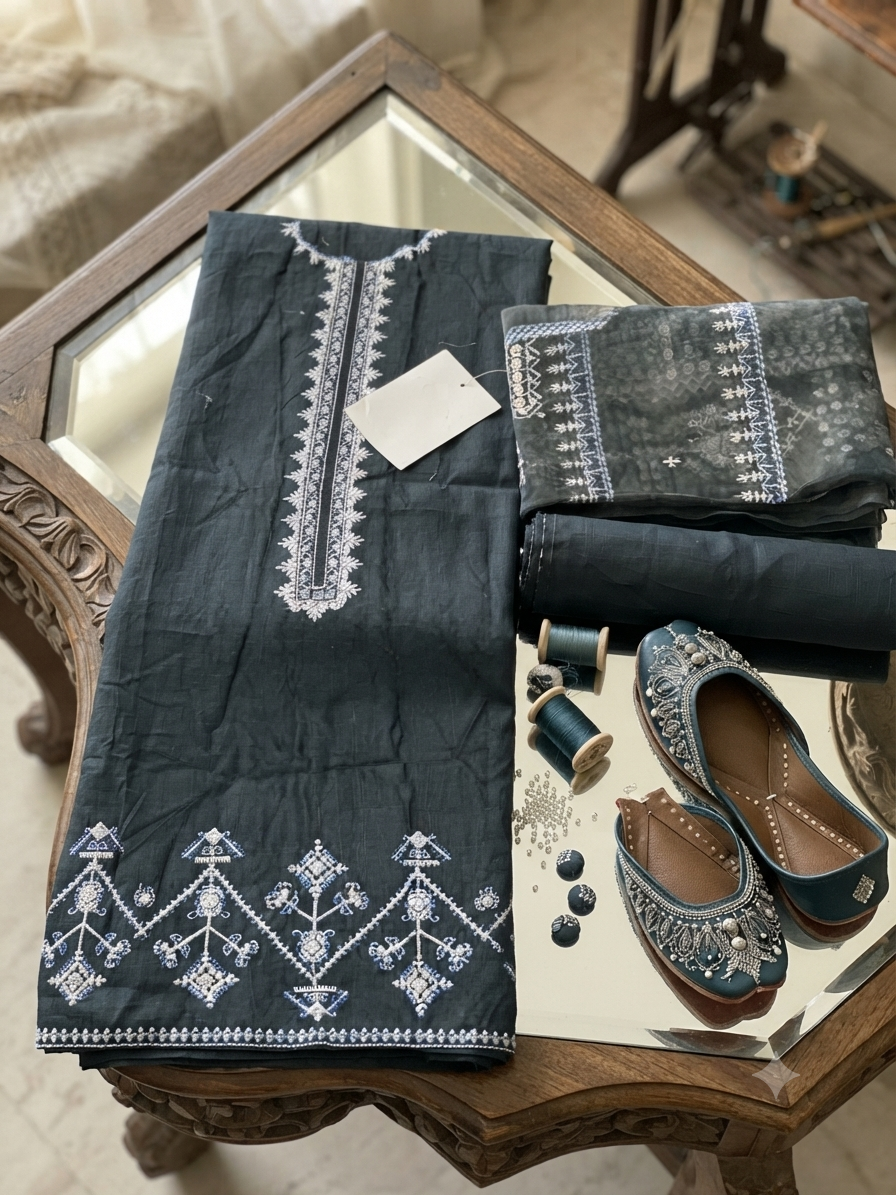 Sale zaha by elan luxury embroided khadar 3pc with plain trouser and embroided organza fabric dupatta with patches