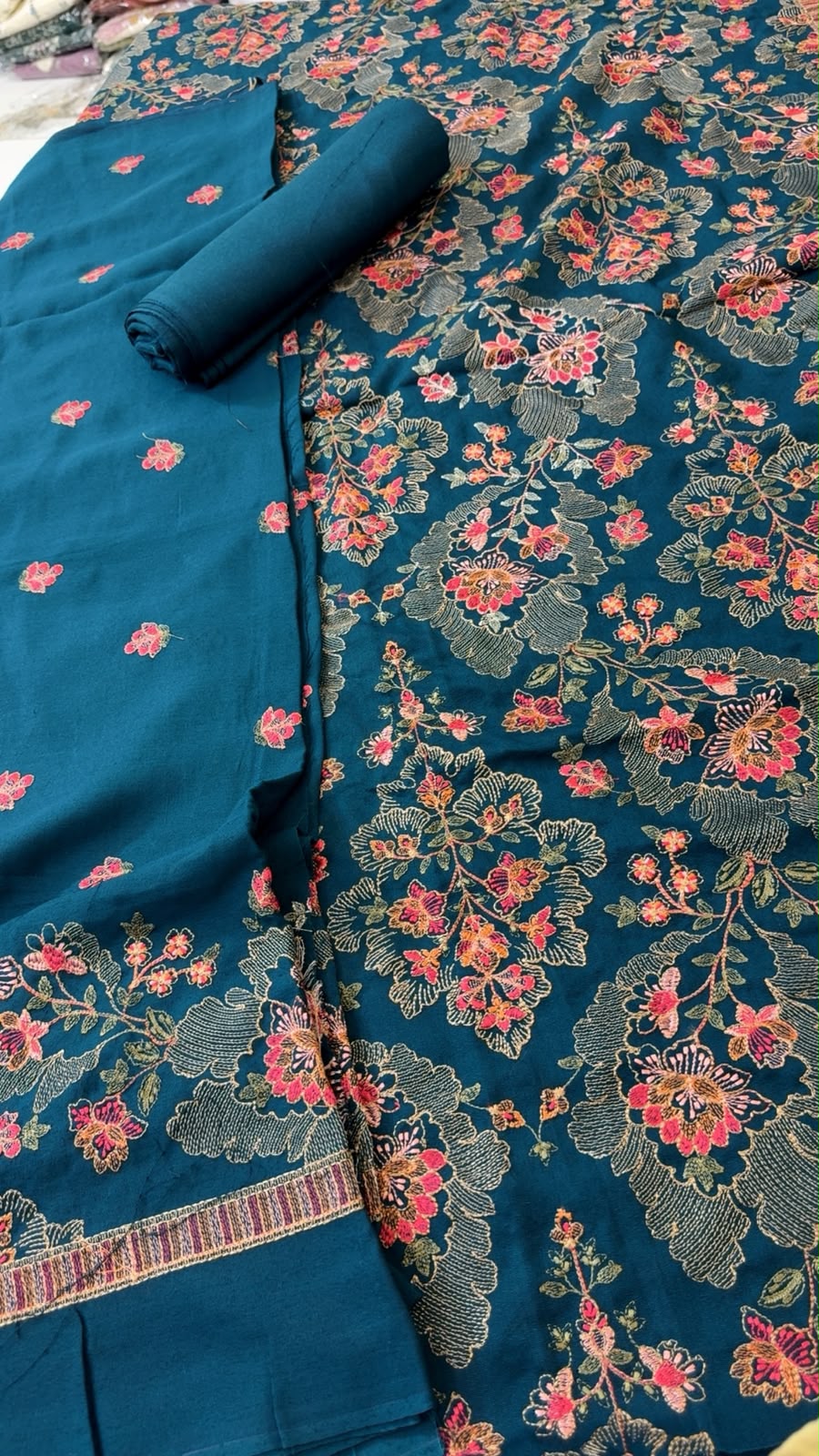 Luxury embroided karandi 3pc with heavy embroided shawl light embroided shirt plain trouser