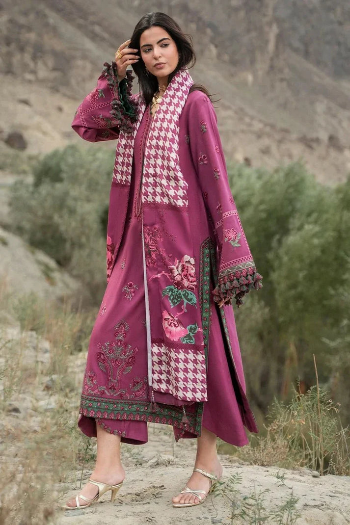 Charizma poshima unstitched 3PC embroided peach leather with printed wool shawl