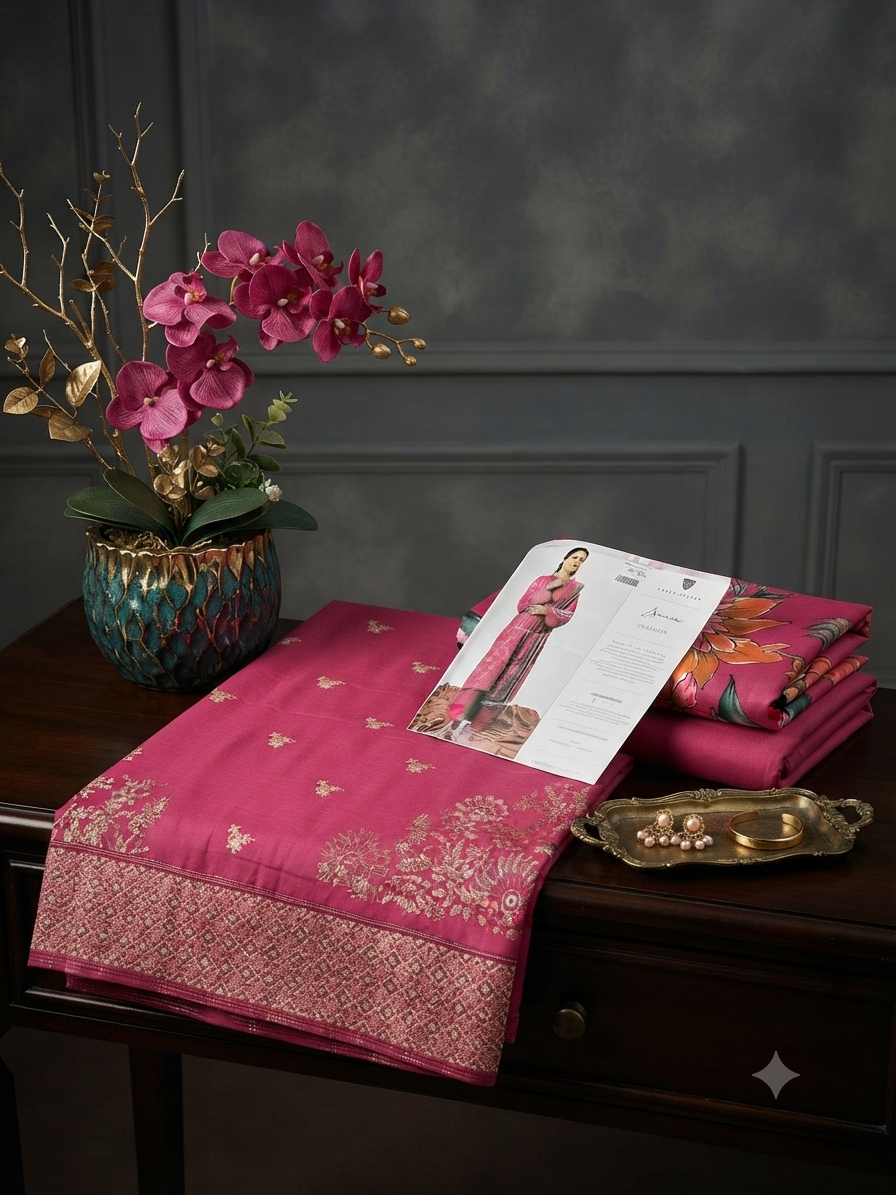Sale saad sheikh embroided karndi fabric 3pc with printed wool shawl plain trouser (center panel miss)