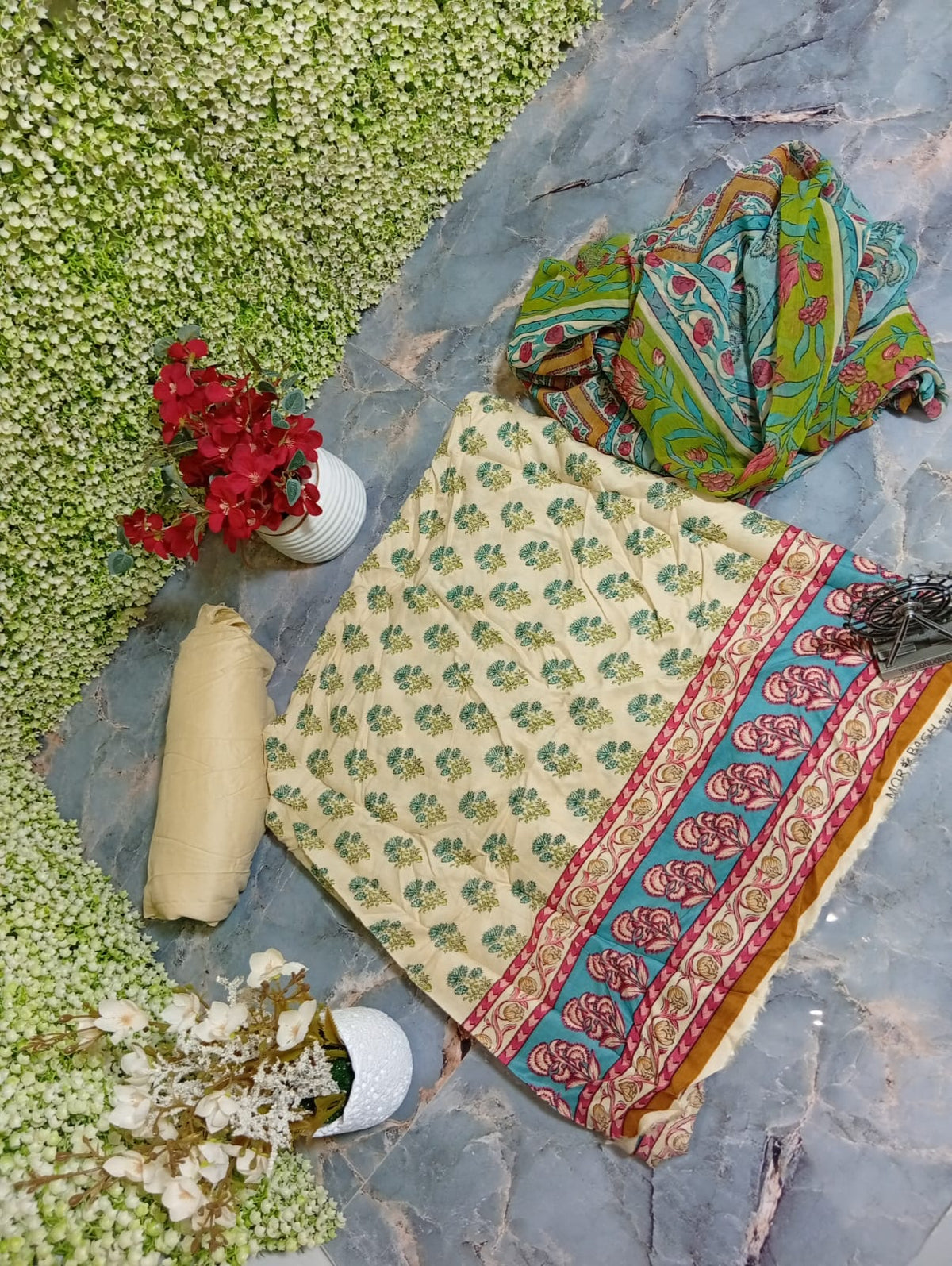 Sale beechtree printed linen shirt with plain trouser and printed chiffon dupatta complete 3pc