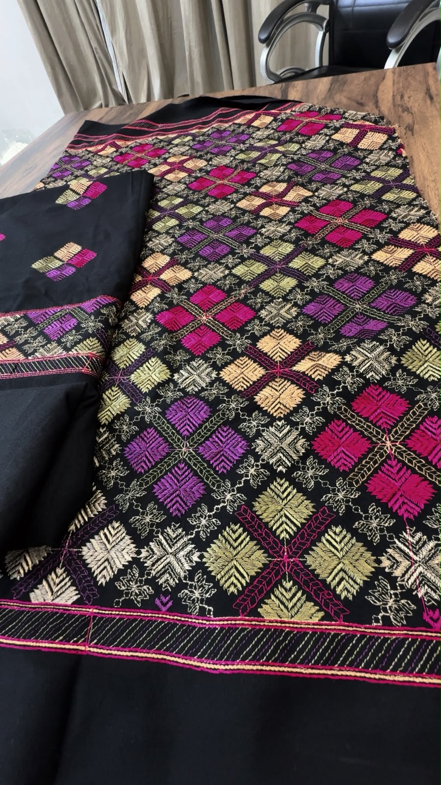 Black Luxury embroided karandi 3pc with heavy embroided shawl light embroided shirt plain trouser