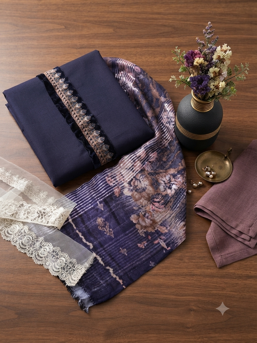 Sale plain karandi shirt and trouser with printed jacquard wool shawl embroided patches complete 3pc of winter