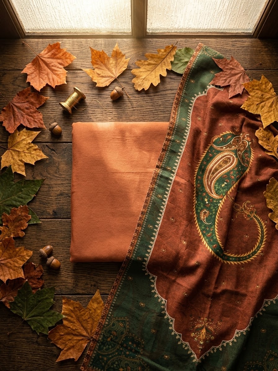 Hussain Rehar 3pc plain karandi shirt and trouser with printed wool shawl unstitched