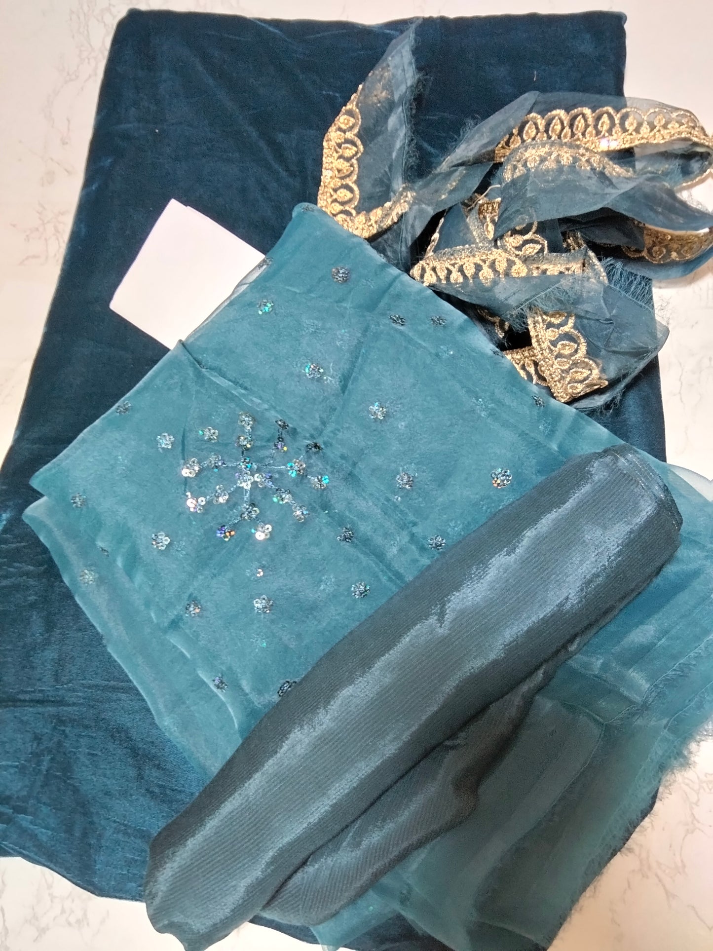 Sale Baroque velvet shirt row silk trouser with embroided patches and Embroided organza fabric dupatta (COMPLETE 3PC)
