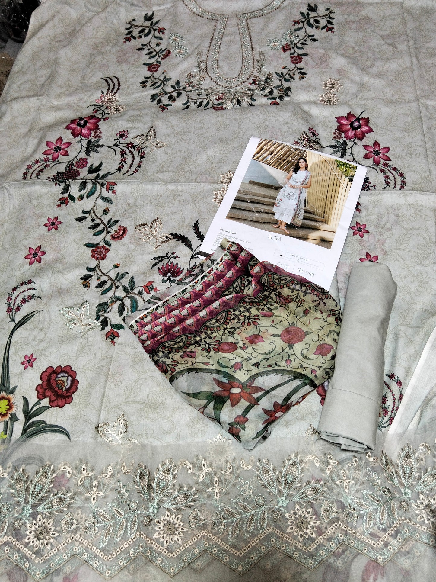 Sale embroided lawn shirt with plain trouser and printed chiffon dupatta unstitched