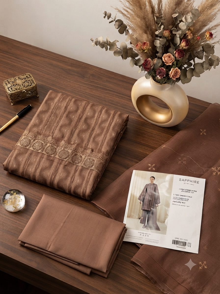 Sale sapphire Lawn jacquard shirt and plain trouser with embroided Khadi net Dupatta and embroided patches complete 3pc
