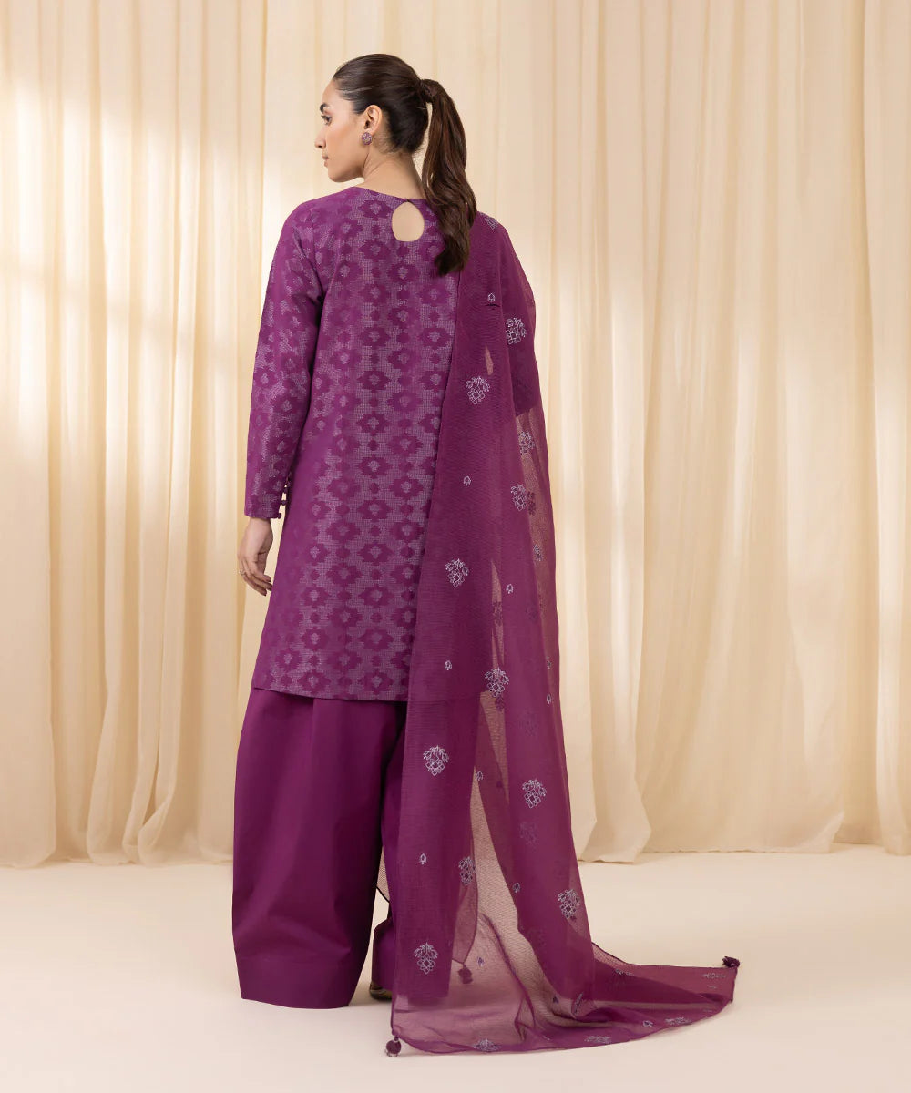 Sale sapphire embroided jacquard lawn shirt with plain trouser and embroided Khadi net dupatta complete 3pc (unstitched)