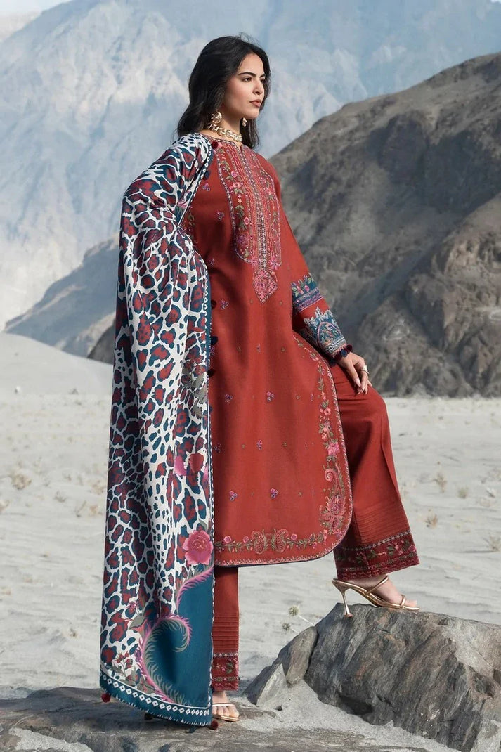 Charizma poshima unstitched 3PC embroided peach leather with printed wool shawl