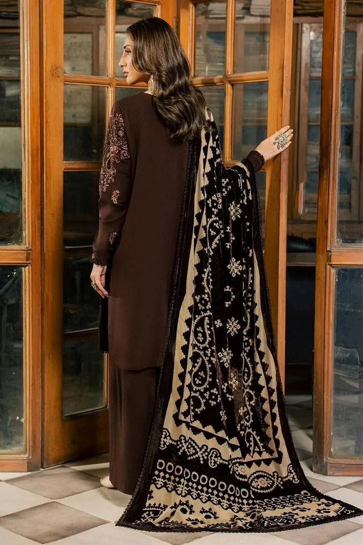 Nureh 3pc embroided peach leather shirt with velvet palachi shawl and dyed peach leather trouser